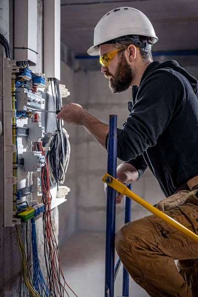 Electrician pulling wire for a commercial installation